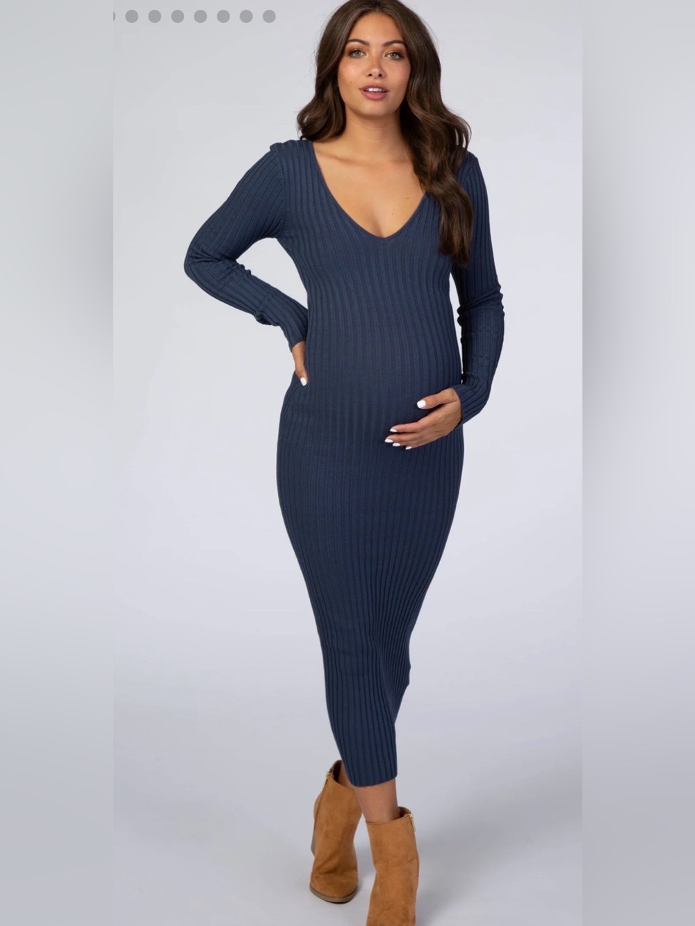 PinkBlush Blue V-Neck Long Sleeve Fitted Maternity Maxi Dress